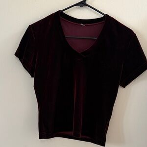Velvet V-Neck Short Sleeve Top - Burgundy
